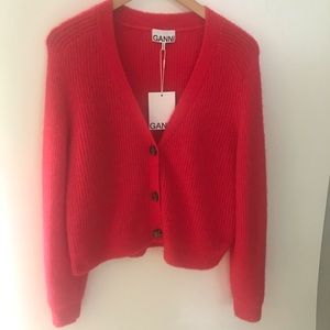 NWT Ganni Soft Wool Knit Sweater Cardigan | Boxy Fit | Scarlet Flame Red |Sz. M